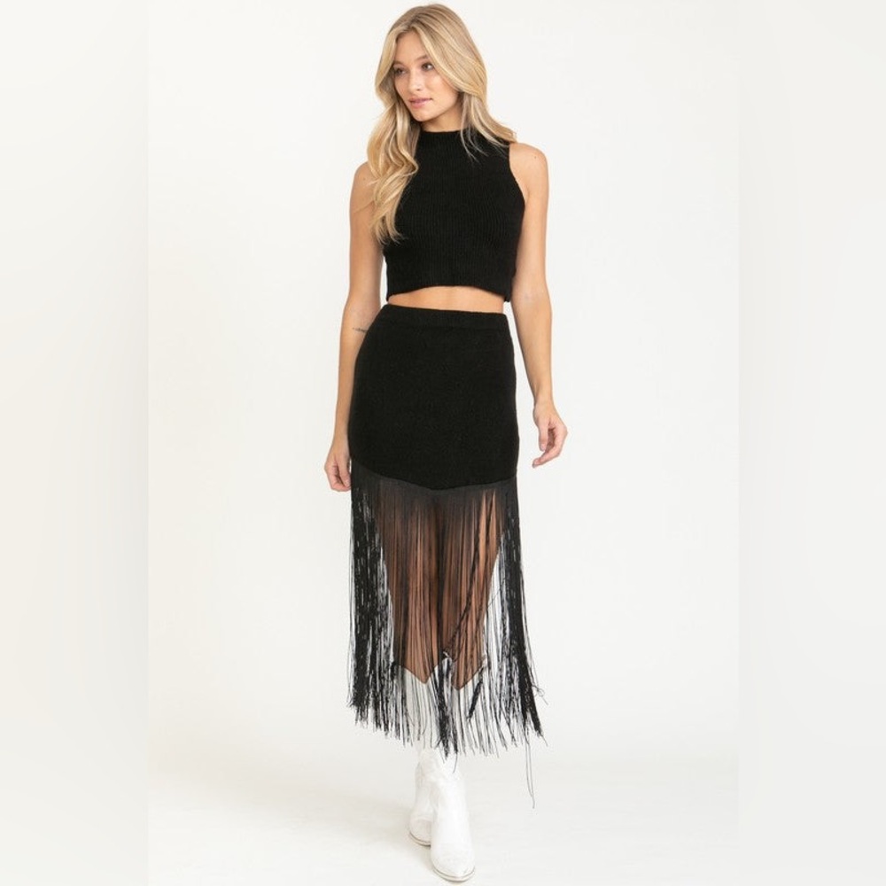 NEW Vici Western Black Knit Fringe Skirt and Rib Top Set Size Large